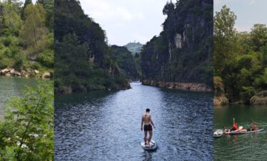 14-Day China Cultural Odyssey: From Iconic Landmarks to Hidden Gems, china, china tour, Three-panel scene: a river canyon with paddleboards along the rocky left bank, a person standing on a paddleboard in the center, and a cheering group on boards to the right.