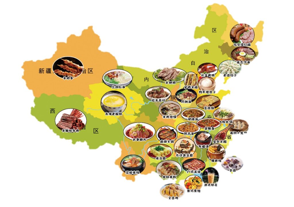 A map of China displaying images of different regional dishes, each labeled with the name of the dish in Chinese characters. The map highlights the culinary variety found across different provinces and regions, including dishes such as Lanzhou Lamian, Beijing Roast Duck, and Sichuan Hot Pot.
