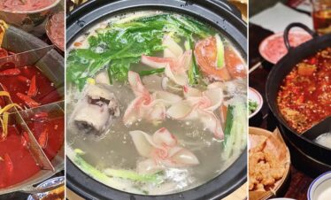 Hotpot Broth, Hotpot Cooking Time Guide, Hotpot experience, sichuan, china, chinaexplorertour, Triptych of hot pot meals: left is red spicy broth with chilies, middle is clear broth with dumplings and greens, right is split pot with spicy and milky broths and side dishes