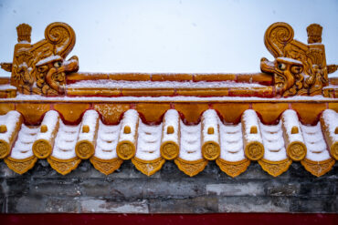 the forbidden city, snow view, beijing, chinatravel, Orange ceramic roof tiles with ornate dragon-head finials, lightly dusted with snow against a pale sky.