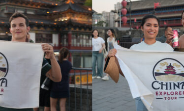 xi'an, china, china tour, Two tourists hold a 'China Explorer Tour' banner in front of a Chinese temple and urban backdrop, split across left and right panels.