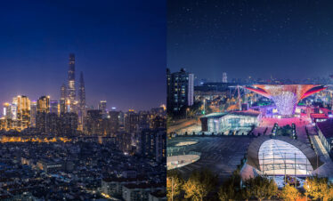 shanghai, china, china tour, Split view: left, illuminated night skyline with tall skyscrapers; right, futuristic city plaza with colorful lights.