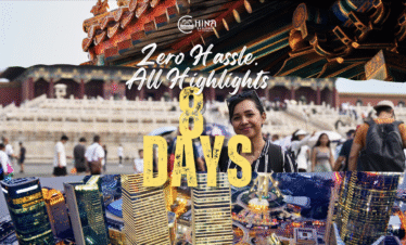 china trip tailor made, chinatravel, Tour banner for a China Explorer tour with the slogan 'Zero Hassle All Highlights' over a smiling woman and a busy landmark/cityscape backdrop
