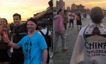 great wall, beijing, china, china tour, Group of friends celebrating with drinks at sunset on a historic Chinese plaza in a crowd-filled scene.