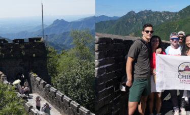 great wall, beijing, china, china tour, Split image: left shows the Great Wall extending into green mountains; right shows a diverse group of tourists posing with a 'China Explorer Tour' banner.