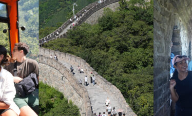 great wall, beijing, china, china tour, Three friends on a cable car taking a selfie, with green hills in the background and one wearing a sunhat and sunglasses.
