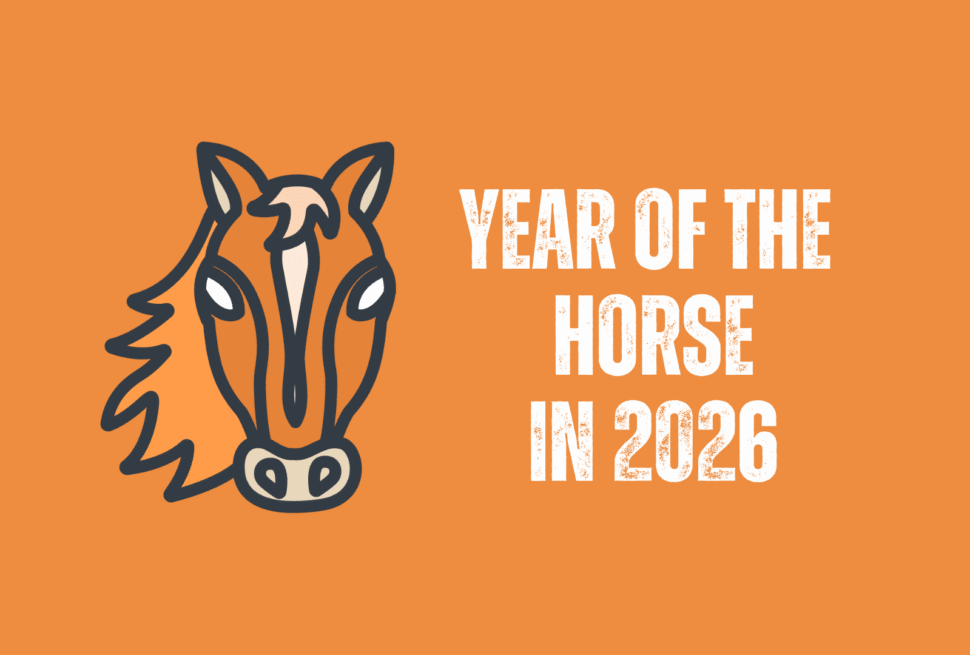 horse, chinese zodiac 2026, chinatravel, Stylized horse head illustration on an orange background with the text 'Year of the Horse in 2026' on the right.