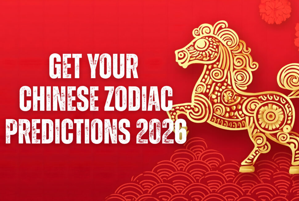 Horse, chinese zodiac 2026, chinatravel, Red poster advertising Chinese zodiac predictions for 2026 with a decorative gold horse on the right.