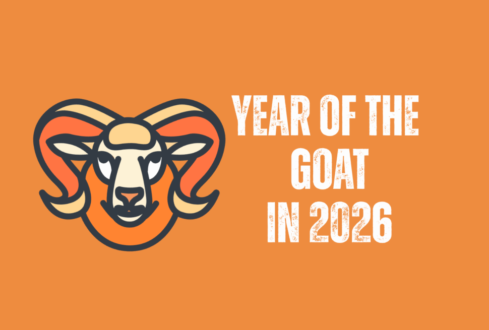 goat, chinese zodiac 2026, chinatravel, Goat head illustration next to the text 'Year of the Goat in 2026' on an orange background.