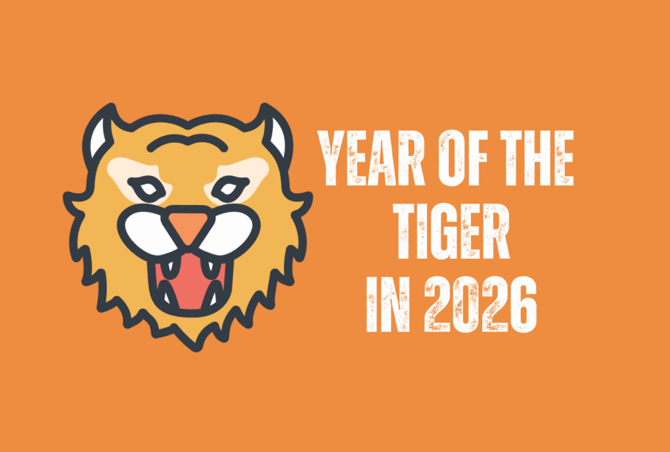 tiger, chinese zodiac 2026, chinatravel, Orange background with a cartoon tiger head on the left and bold white text reading 'Year of the Tiger in 2026' on the right.