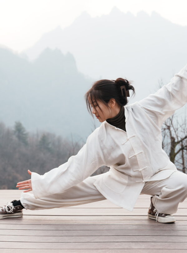 Wudang, shiyan, hubei, china tour, Person in a light beige martial arts outfit performing a low stance on a wooden deck with misty mountains in the background