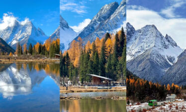 Bipenggou, 3-Days Explore Western Sichuan in Winter- Siguniang Mountain, Bipenggou, and Dagu Glacier, china tour, Alpine landscape collage with snow-capped mountains, evergreen and golden trees, and a reflective lake.