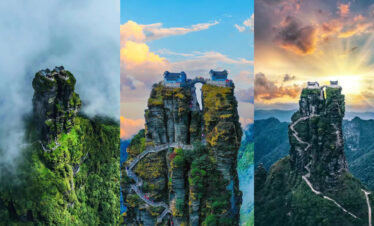 Mount Fanjing, guizhou, china, china tour, Three tall rock pinnacles with staircases and small pavilions on top, linked by bridges amid dramatic skies and clouds.