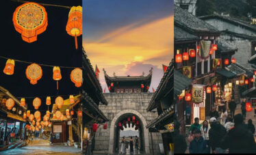 Qingyan Ancient Town, guizhou, china, china tour, Collage of a lantern-lit Chinese street at night, a traditional ornate gate at sunset, and a lantern-lined alley market scene