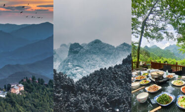 Wudang Mountain Tai Chi Retreat, hubei, china tour, Triptych mountains: blue misty ranges left, snow-capped center, and green hillside dining with mountain view on the right.