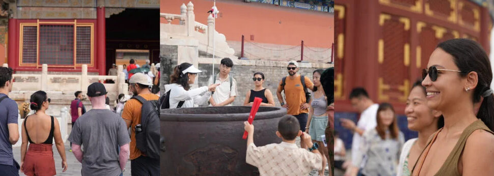 the forbidden city, beijing, china, china tour, Tourists at a historic temple complex, gathered near a red-and-gold building and listening to a guide.