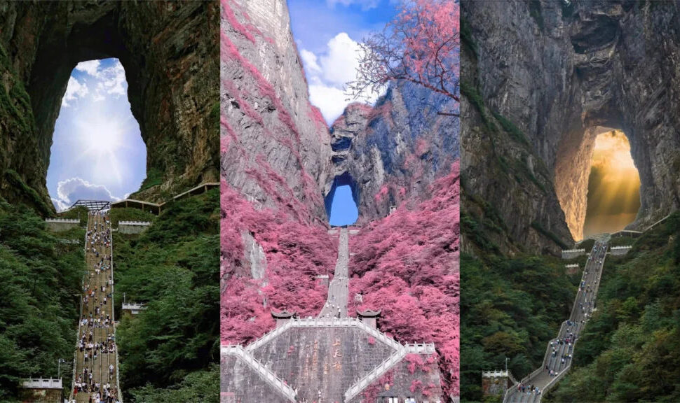 tianmen cave, zhangjiajie, hunan, china, china tour, Triptych image of mountain staircases ascending through rocky arches, left and right with green cliffs, center with pink foliage and a gate at the top.