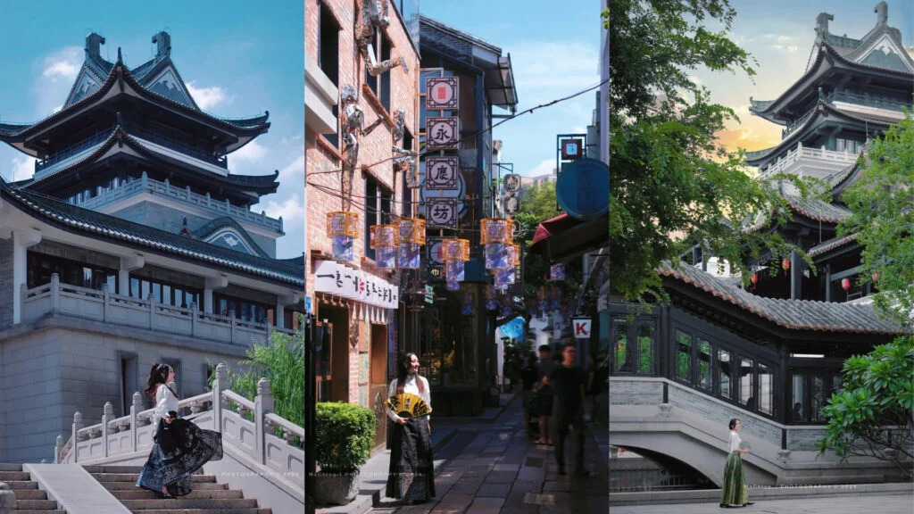 guangzhou, china, china tour, Three-panel collage of East Asian architecture: left and right show pagoda-style buildings, center a lantern-lit pedestrian street with people