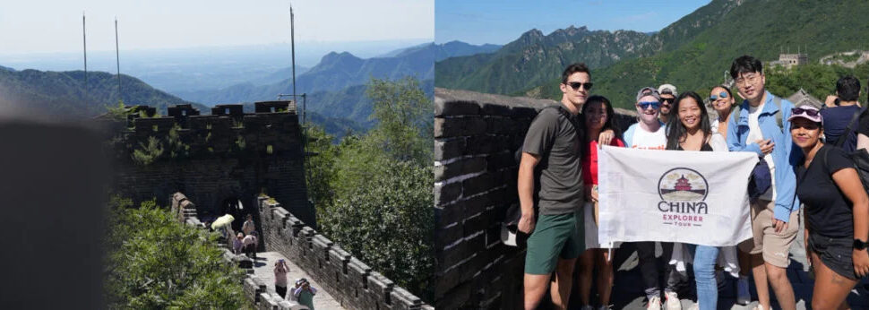 the great wall, beijing, china, china tour, Tourists pose on a section of the Great Wall of China with mountains in the background; on the right a diverse group holds a banner reading 'China Explorer'.