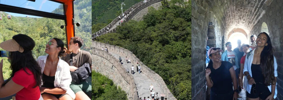 the great wall, beijing, china, china tour, Three-panel scene of tourists exploring the Great Wall: people riding a cable car with mountain views, a winding wall section with tourists on a hillside, and visitors walking through a stone corridor inside the wall.