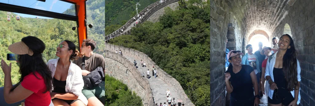 the great wall, beijing, china, china tour, Three-panel scene of tourists exploring the Great Wall: people riding a cable car with mountain views, a winding wall section with tourists on a hillside, and visitors walking through a stone corridor inside the wall.
