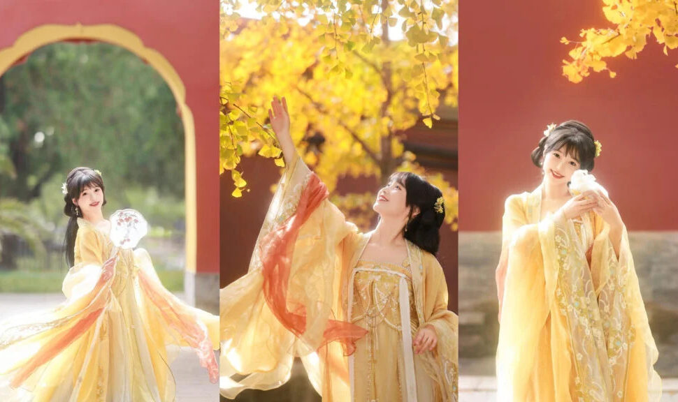 Hanfu Photoshoot, chinese traditonal dress-up, beijing, china tour, Triptych of a young woman in a yellow traditional dress posing in an autumn garden with golden leaves on trees and red walls behind her.