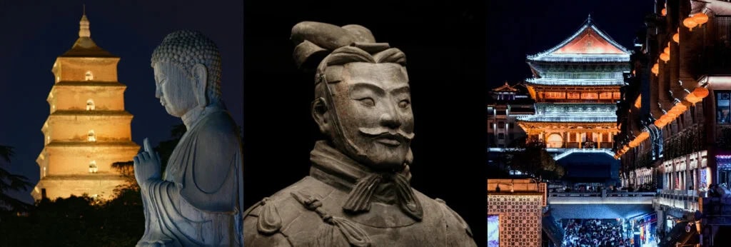xi'an, china, china tour, Triptych of East Asian landmarks at night: a lit pagoda with a Buddha statue, a Terracotta Warrior bust, and a glowing traditional Chinese street scene.
