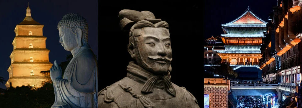xi'an, china tour, Triptych of Asian heritage: illuminated pagoda with Buddha statue, a terracotta warrior, and a lantern-lit Chinese street at night.