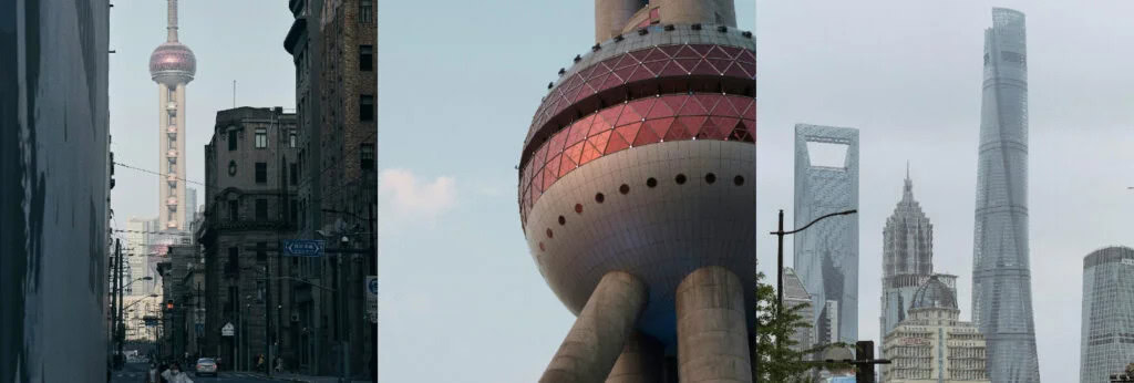 Shanghai City Tours, china tour, Triptych of city scenes: left street with the Oriental Pearl Tower in distance, center a red spherical tower on large pillars, right Shanghai skyline with tall skyscrapers.