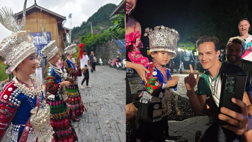 Guizhou: Your Guide to Shuicheng County, china tour, Colorful ethnic performers in silver headdresses and ornate costumes pose along a cobblestone street during a festival, group photo vibe on the left and right halves show close interactions with a man taking a selfie on stage.