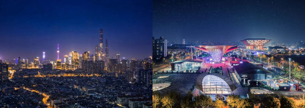 Shanghai City Tours, china tour, Nighttime city skyline with illuminated skyscrapers and a futuristic expo complex on the right.