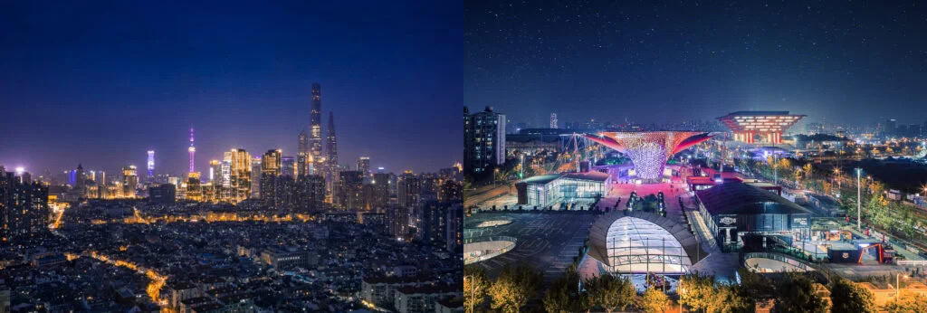 Shanghai City Tours, china tour, Nighttime city skyline with illuminated skyscrapers and a futuristic expo complex on the right.