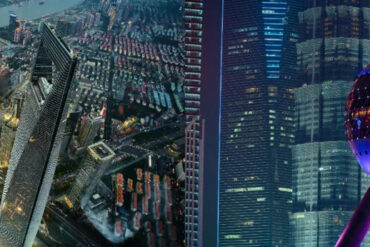 Shanghai City Tours, china tour, Nighttime city skyline with illuminated skyscrapers and brightly lit streets viewed from above, neon reflections on glass façades.