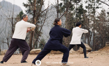 wudang taichi, hubei, china, chinaexplorertour, Three people practicing martial arts in an outdoor, rocky park with bare trees in the background.