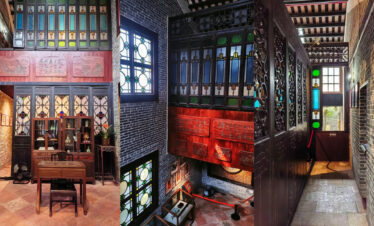 xiguan mansion, guangzhou, china, chinatrip, Interior of a Chinese-style room with dark wood latticed screens, stained glass panels, brick walls, and antique furniture.