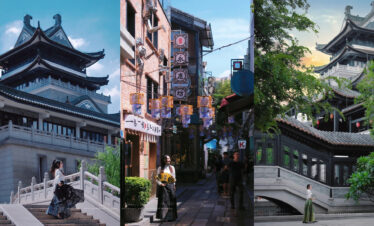 yongqingfang, guangzhou, china, chinatrip, Three-panel collage of Chinese architecture: left shows a pagoda-style temple with stairs and a woman in traditional dress, center a lantern-filled narrow street, right a classic pavilion with trees and stone walls.