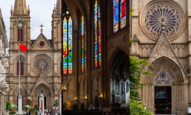 Sacred Heart Cathedral, guangzhou, china, chinatrip, A Gothic cathedral with a red flag in front, featuring tall spires, arches, and a circular rose window visible on the facade.
