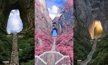 Tianmen Mountain, Zhangjiajie, hunan, china, chinatrip, Three-panel collage of Tianmen Mountain features: left panel shows a long stairway ascending into a natural rock arch with surrounding greenery and a bright sky; middle panel highlights a dramatic pink-flowered canyon with a narrow rock arch and a path below; right panel depicts a road winding through a rocky cave with sunlight streaming in from the opening.