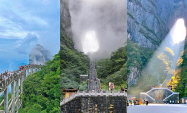 Tianmen Mountain, Zhangjiajie, hunan, china, chinatrip, Triptych collage of a mountain tourist site: left panel shows a wooden walkway along a cliff with visitors; middle panel features a misty gorge with a steep escalator; right panel reveals a sunlit rock arch and stairway through a canyon.