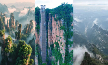 Zhangjiajie National Forest Park, hunan, china, chinatrip, Three-panel collage of towering karst peaks shrouded in mist, with a tall glass elevator rising along a cliff in the center.