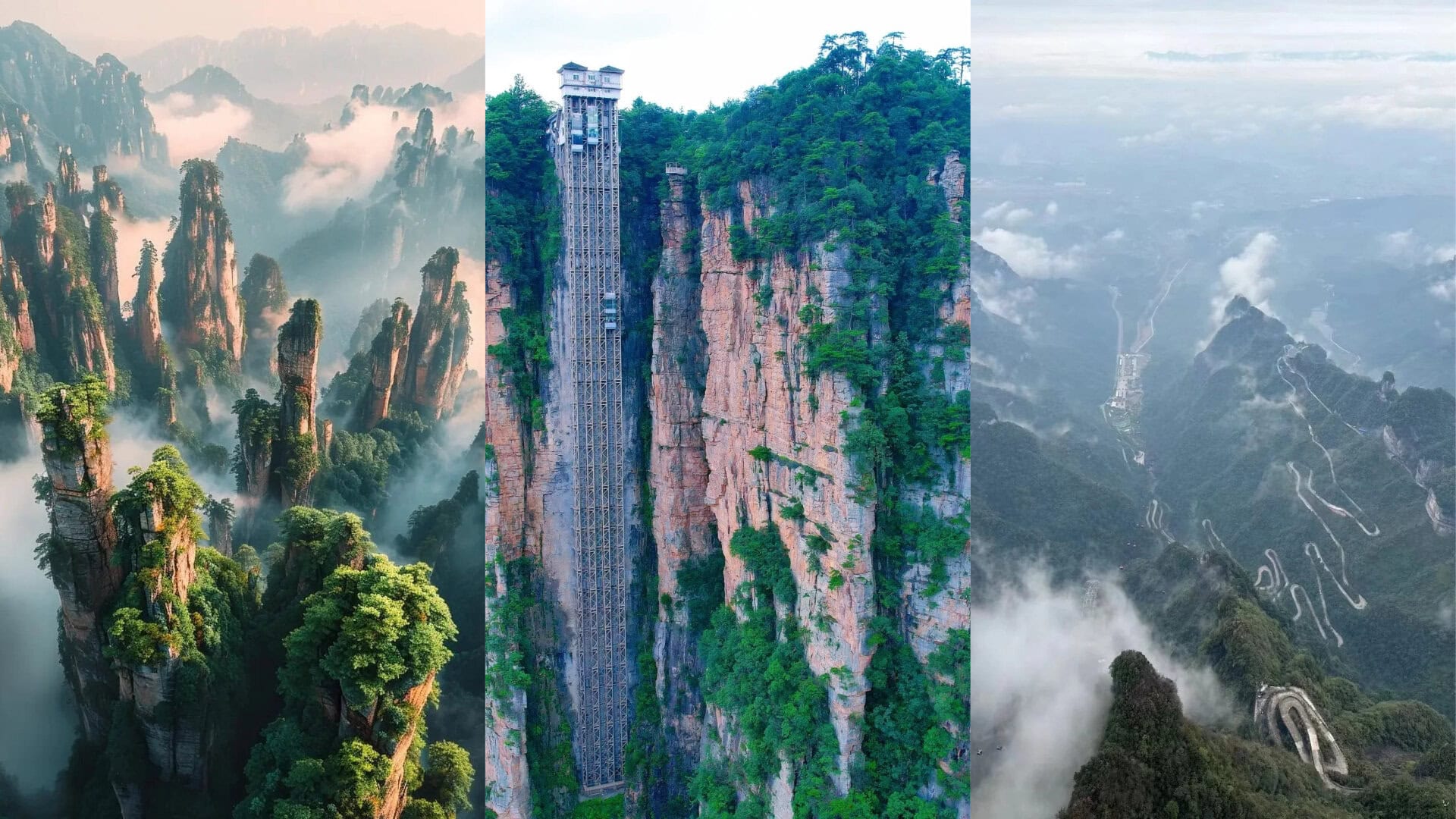 Zhangjiajie National Forest Park, hunan, china, chinatrip, Three-panel collage of towering karst peaks shrouded in mist, with a tall glass elevator rising along a cliff in the center.