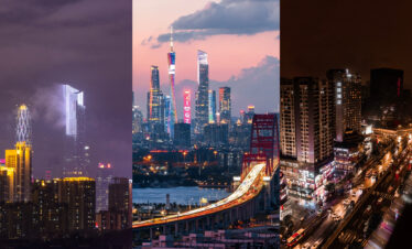 guangzhou, china, chinatrip, Triptych cityscape: left panel with foggy high-rises, center with colorful illuminated skyscrapers by a river, right panel a busy night-time street scene.