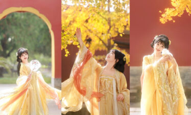 hanfu phototshoot, female, the forbidden city, beijing, china, chinatrip, Three-panel collage of a woman in a flowing yellow traditional dress posing among golden autumn leaves.