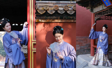 hanfu phototshoot, the forbidden city, beijing, china, chinatrip, Woman in a blue traditional hanfu posing with a decorative fan at a temple with red pillars and tiled eaves (collage).