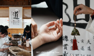 wudang taichi, hubei, china, chinaexplorertour, Collage of a traditional craft workshop with people at a table, a close-up of hands threading thread, and a hand holding a hanging decorative ornament against calligraphy backdrop.