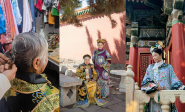 hanfu phototshoot, female, qing dynasty, the forbidden city, beijing, china, chinatrip, Triptych: elderly woman gets hair styled; two people in ornate traditional robes pose; woman in blue hanfu at a temple.