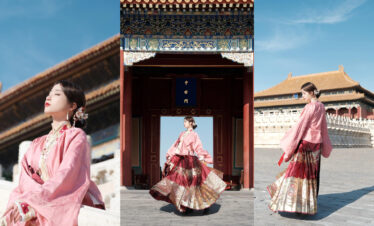 hanfu phototshoot, the forbidden city, beijing, china, chinatrip, Woman in a pink traditional hanfu posing at a historic gate with ornate roof tiles and a blue sky behind her (three-panel collage).