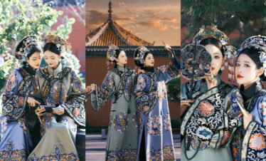 hanfu phototshoot, the forbidden city, beijing, china, chinatrip, Three women in ornate embroidered silk robes with elaborate headdresses posing together in a traditional setting.