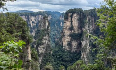 Zhangjiajie National Forest Park, hunan, china, chinatrip, Towering sandstone columns in a lush canyon, with dense green forest on the cliffs and a cloudy sky above.