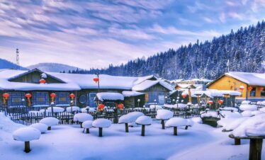 Enchanting Winter Wonderland: 3-Day Journey Through Harbin: China's Snow Kingdom, chinatrip, Snow-covered village with wooden houses and bright red lanterns along a snowy path. Nearby pine trees and hills in the background winter scene.